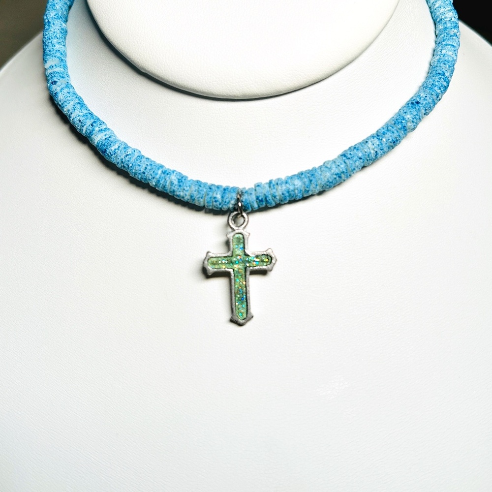 Unique Artisan Blue Polymer Clay Heishi Bead Aqua Pewter Cross Necklace